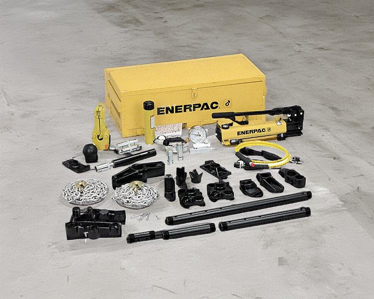 Enerpac Handpump kit with various accessories including lever bars, chains as well as a cylinder and spreaders.